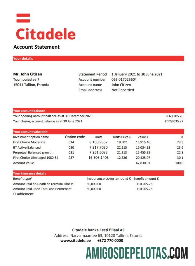 realista Estônia Citadele Banka Eesti Filiaal AS modelo de extrato bancário em formato Excel e PDF